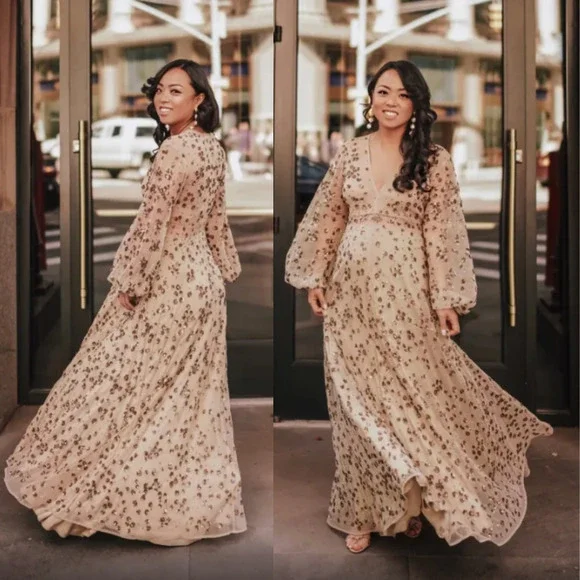 LoveShackFancy Maxi Dress Gown‎ Gold Nude Sequin Sparkle Glitter Tulle Holiday 0
